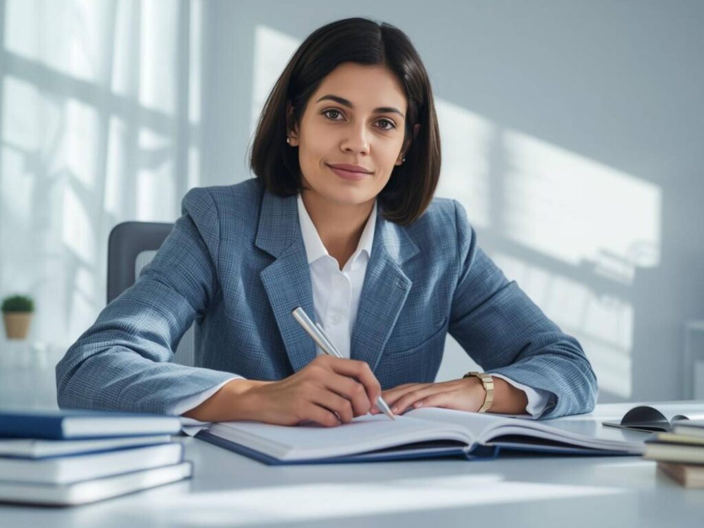 Profissional adulto estudando em uma mesa limpa, com vários livros e documentos organizados, expressão calma e concentrada, escritório moderno em casa, luz natural suave, estilo minimalista, paleta de cores neutras em azul e branco, fotografia realista, alta qualidade, sem texto, sem elementos futuristas