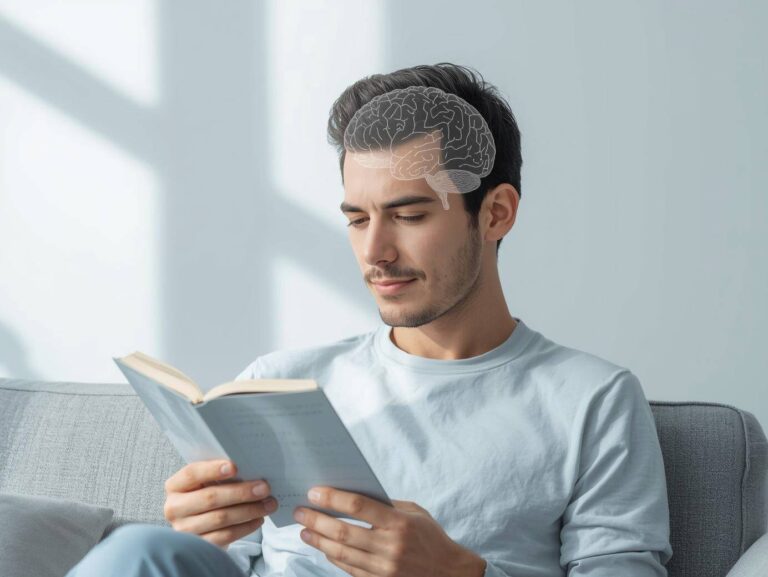 Adulto calmo lendo um livro com postura relaxada e expressão facial suave. Ilustração sutil e semitransparente do cérebro integrado à cabeça, com detalhes mínimos e simbólicos. A aprendizagem é sugerida, não explícita. Luz natural suave, fundo limpo e minimalista, paleta de cores em tons de azul claro e neutros. Estilo educativo e realista, sem neon futurista, hologramas ou texto.
