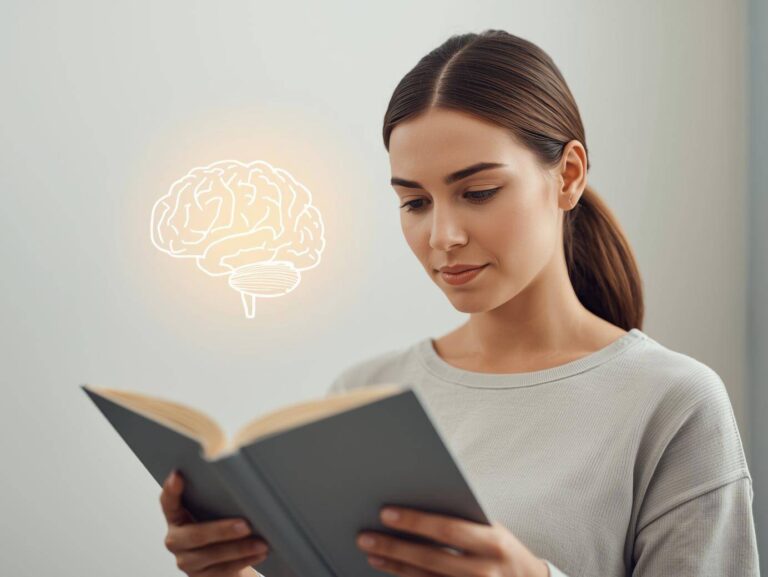 Mulher lendo com expressão calma e confiante, ilustração sutil de um cérebro brilhando, mostrando aprendizado integrado, luz suave, ambiente limpo e profissional, estilo minimalista e educativo, cores neutras, aparência realista, sem efeitos de ficção científica, sem texto.