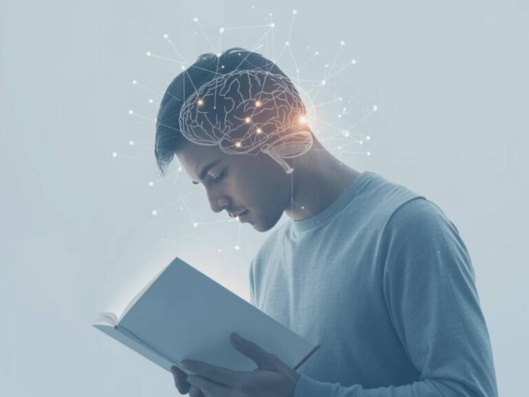 Ilustração sutil de um cérebro humano combinada com uma pessoa lendo um livro, suaves conexões de luz dentro do cérebro, estilo realista e educativo, fundo limpo, tons suaves de azul e neutros, aparência moderna e profissional, sem neon futurista, sem texto.
